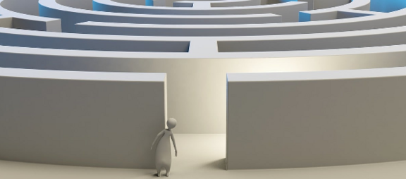 eine kleine Figur schaut vorsichtig in ein durch die Öffnung eines flachen Labyrinths