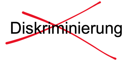 Zu sehen ist das Wort Diskriminierung. Es ist mit zwei roten Strichen durchgestrichen.