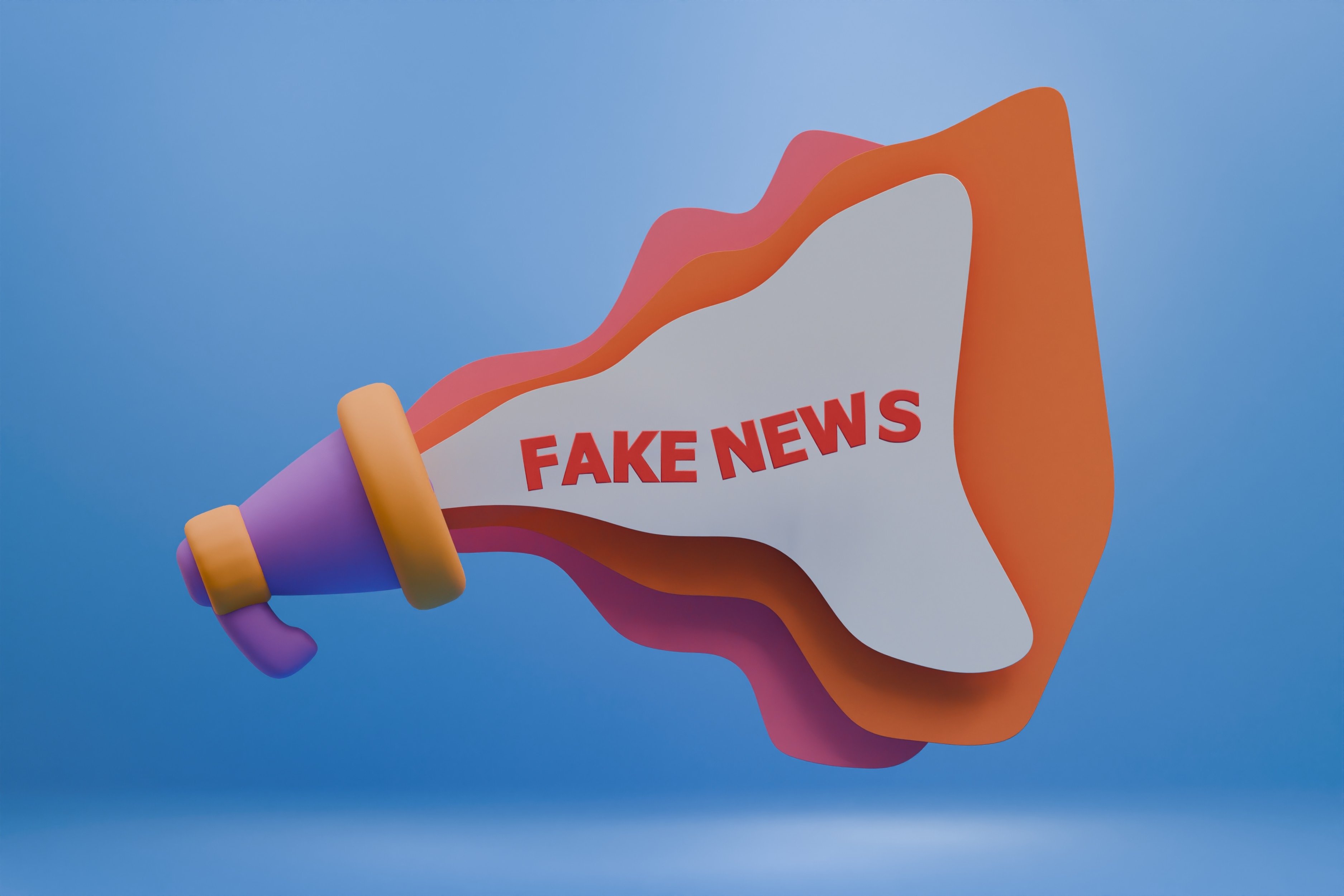 Man sieht ein Megaphone aus dem eine große Sprechfahneherauskommt, auf der Fakenews steht.
